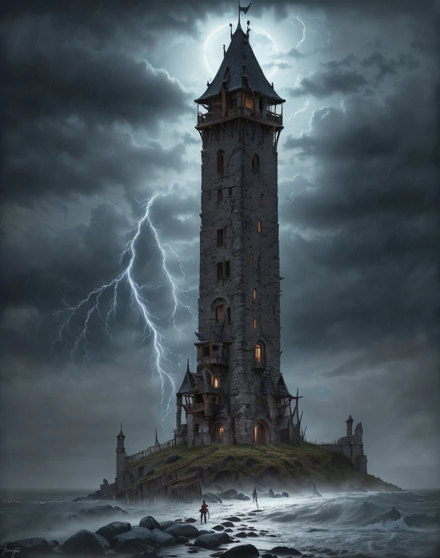 (masterpiece:1.2), (best quality,:1.2), 8k, HDR, ultra detailed, ((photorealistic)), professional light, cinematic lighting, fashion photography, ambient lighting, atmospheric effects,  <lora:detail_slider_v4:1>, witow, a sinister, slender tower on the coast in a storm,  <lora:Wizard_Tower:1>, epiCPhoto