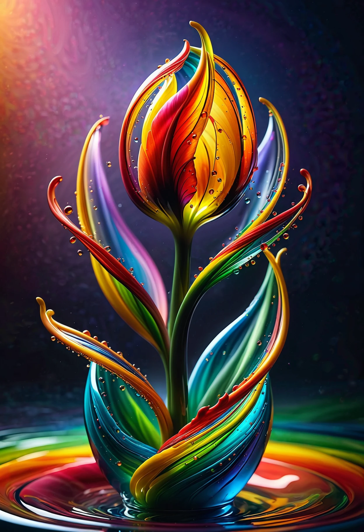 spiral droplet, glowing glass statue, multicolor tulip, (masterpiece, high detail, best quality), realistic, concept art