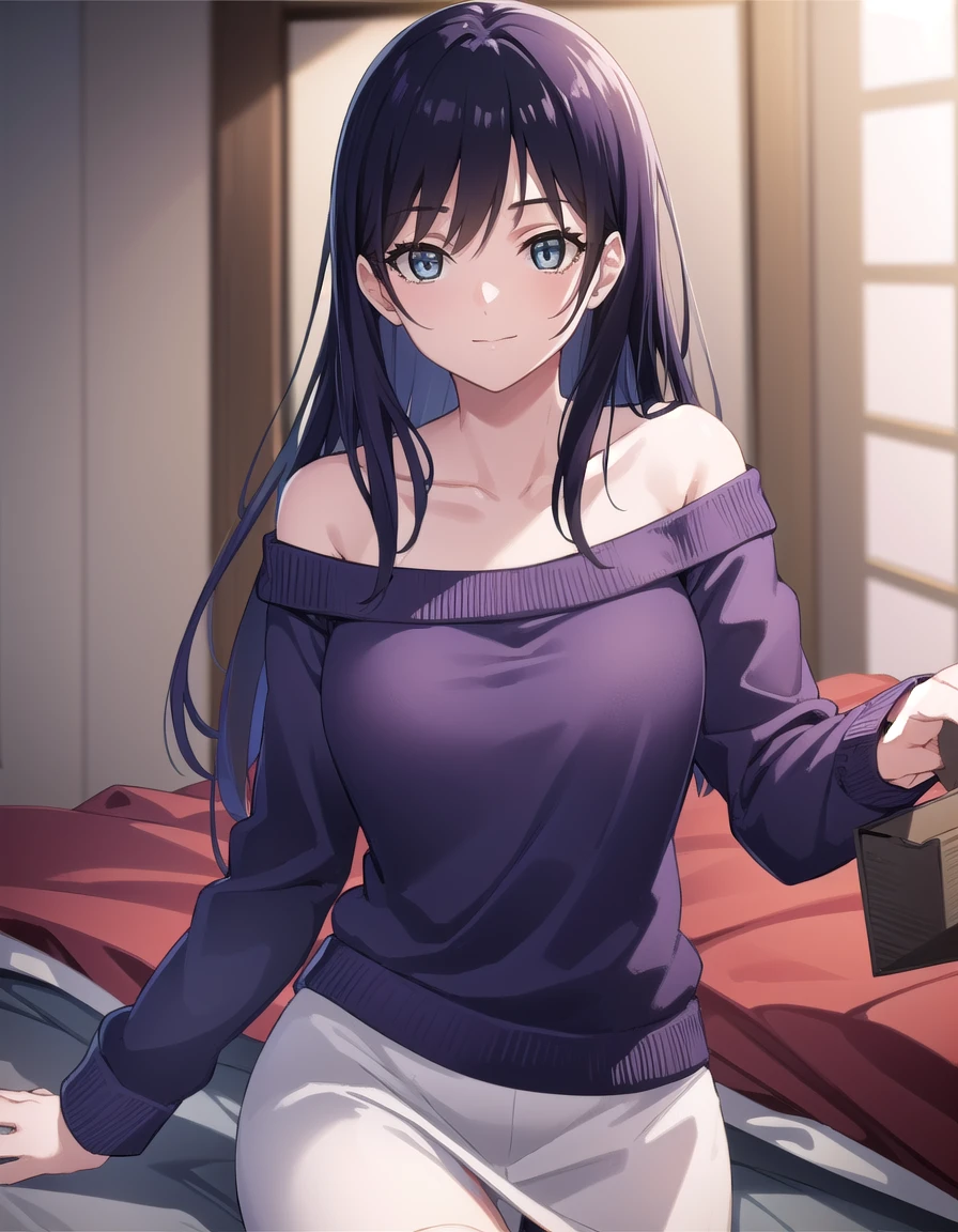 yurikotobiki, <lora:yuri kotobiki-lora-nochekaiser:1>,
yuri kotobiki, long hair, black hair, (grey eyes:1.3),
BREAK off shoulder, sweater, purple sweater, skirt, white skirt,
BREAK indoors, bed, bed room, smile,
BREAK looking at viewer, (cowboy shot:1.5),
BREAK <lyco:GoodHands-beta2:1>, (masterpiece:1.2), best quality, high resolution, unity 8k wallpaper, (illustration:0.8), (beautiful detailed eyes:1.6), extremely detailed face, perfect lighting, extremely detailed CG, (perfect hands, perfect anatomy),