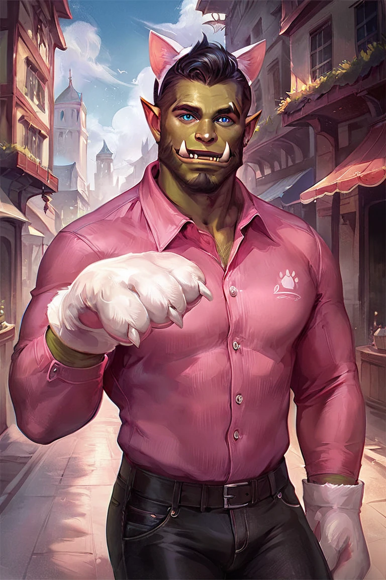 score_9, score_8_up, score_7_up, rating_safe, pinkdreamsstyle, concept art, digital art, realistic, orc, green skin, tusks, facial hair, beard, mustache, black hair, blue eyes, pink shirt, collared shirt, long sleeves, black pants, muscular, 1boy, solo, male focus, mature male, fake animal ears, animal ears, cat ears, white cat ears, paw gloves, white paw gloves, cat paws, paw pose, smile, looking at viewer, cowboy shot, standing, outdoors, city, building <lora:Pink Dreams Style LoRA_Pony XL v6 ALT:0.7>