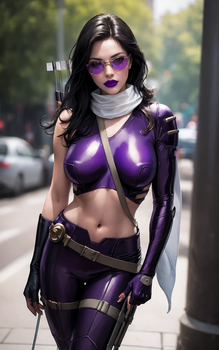 MARVEL_KateBishop_YoungAvengers_ownwaifu,
1girl, long hair, black hair, sunglasses, breasts, lipstick,  makeup, large breasts, purple lips, white scarf,
crop top, long scarf, purple bodysuit, single elbow glove, scarf, midriff, navel, fingerless gloves,  quiver,  belt,  bodysuit, elbow gloves, asymmetrical clothes,
<lora:MARVEL_KateBishop_YoungAvengers_ownwaifu:0.8> ,
((masterpiece)),((best quality)),(highres, absurdres), original, official_art, chromatic_aberration, light_particles, bokeh, bloom, depth_of_field, outdoors, day, looking at viewer, solo, cowboy shot,