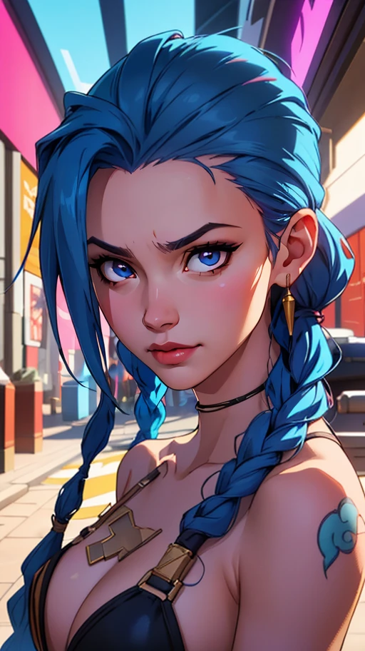 (best quality, masterpiece, highres:1.2)(Jinx, Legue of Legends, Arcane) upper body professional photo, award winning sexy, intense blue long hair, Jinx <lora:JinxLol:1>, Legue of Legends, Arcane, flirting, bokeh, (intricate details, hyperdetailed:1.15), detailed, sunlight passing through hair (official art, art background, extreme detailed, hyperrealism, soft light, sharp, perfect face),