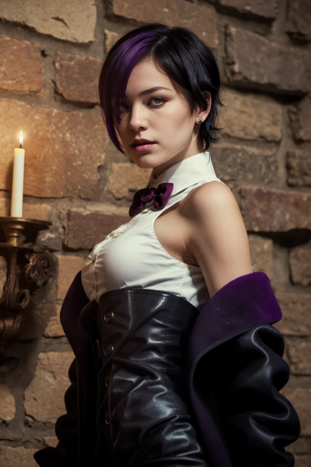 nihilo, a beautiful girl, solo,pale skin, hair over one eye, yellow eyes, short hair, black hair, white collared shirt,black open coat,off shoulder,upper body,portrait, purple hair, looking at viewer,one eye covered, sleeveless, wine bowtie, black short shorts,night , closed mouth, center frills, streaked hair, medium breasts, red brooch, underbust,black corset, black gloves,dark,indoors, candlelight, stone wall,(from side:0.8), (best quality, masterpiece,realistic)  <lora:nihilo_v1:1>