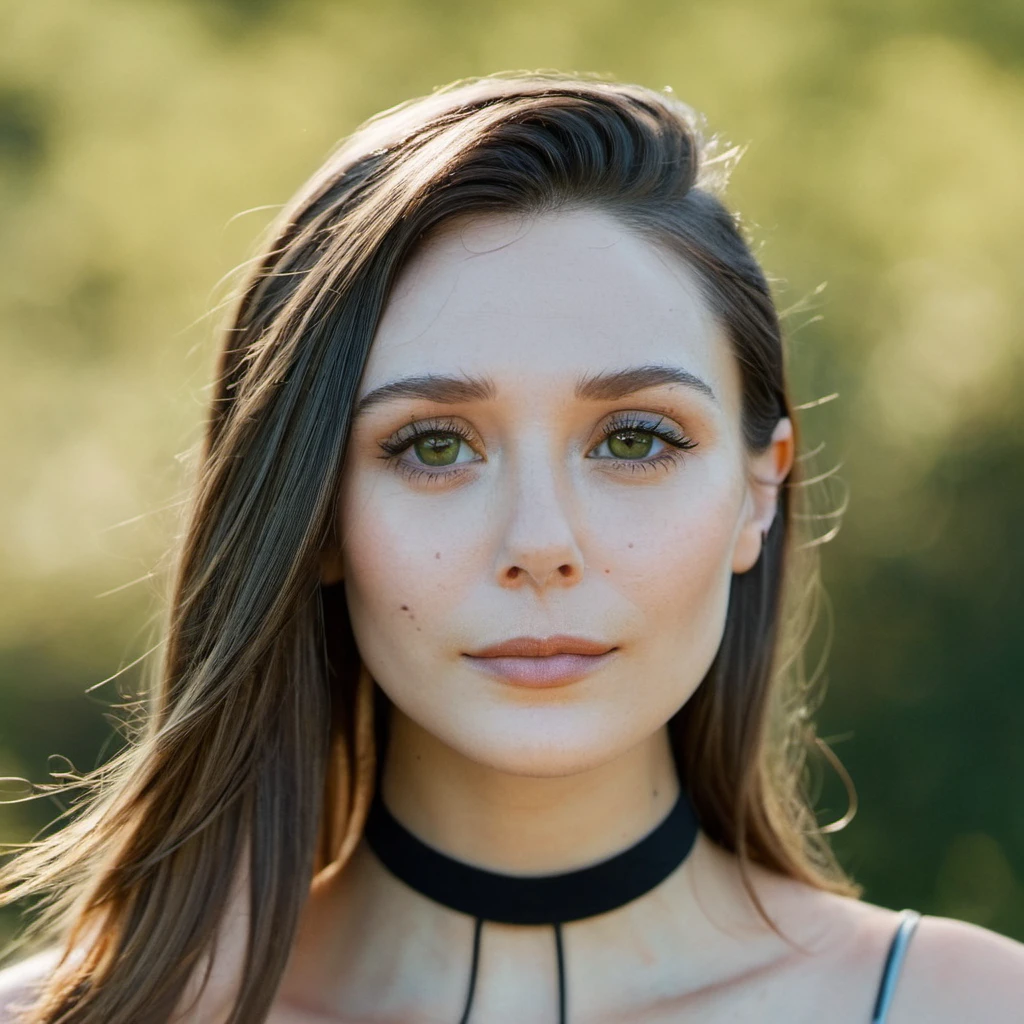Skin texture, no makeup, Super high res closeup portrait photo of a stunning woman outdoors with straight hair, wearing a small string choker around her neck,f /2.8, Canon, 85mm,cinematic, high quality,looking at the viewer, (elixolsen), <lora:eliolsen_smaller_xl_7_standard_wo_cap-merger-21_42_51_03_04_03-elixolsen:1.05>