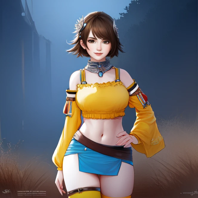 <lora:kisalaRogueGalaxy:0.7>, kisala, brown hair, midriff, navel, short hair, spiky hair, brown hair, brown eyes, thin eyebrows, yellow top, crop top, detached sleeves, leather straps, yellow collar, short skirt, light blue skirt, skirt slits, scarf around hips, asymmetrical socks, asymmetrical legwear, light brown socks, thighhighs, hair decorations, silver hair ornaments, jewelry, cowboy shot, solo, smile, highres, Digital art, trending on artstation, best quality, insanely detailed, masterpiece, stunning environment, wide-angle,