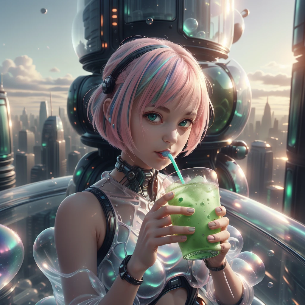 <lora:BubblyTech:0.8>,bubblytech ,scifi, transparent, iridescent , see-through, inflated, 
1girl,solo,looking at viewer, holding,jewelry,upper body, single hair bun,bob cut holding cup ,drinking straw,drinking drinking straw in mouth, cup, pink hair, city, green drink, navel, scifi suite