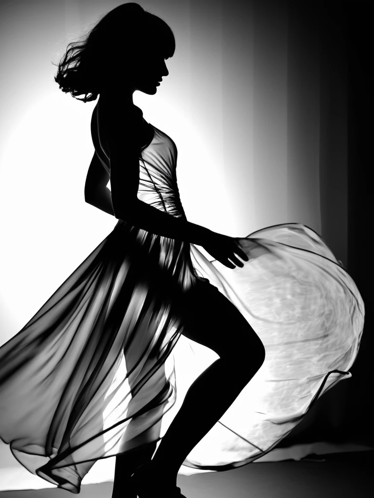 dynamic pose, dynamic angle, motion blur, flowing fabric, r4gdr01d, b4ckl1t, back lighting, intense backlight, (silhouette:0.5), a gynoid robot in a translucent  dress is dancing, twirling  a white semitransparent sheet in her hands, black and white photo, wind, figuration libre, chrome skin, robot joints, face seams, calbles, wires, bob cut hairstyle  <lora:Backlit_Clothes_XL:0>
 <lora:Droids_Wearing_Clothes_XL_-_Panache:0>