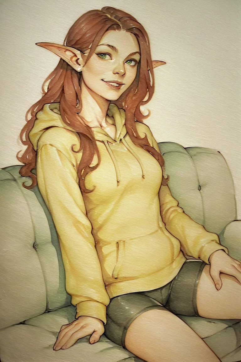 score_9, score_8_up, score_7_up, rating_safe, traditional media, realistic, elf, pointy ears, red hair, long hair, green eyes, yellow hoodie, bike shorts, smile, 1girl, solo, looking at viewer, cowboy shot, sitting, on couch, couch, indoors, living room <lora:OIS Gold Fish Style LoRA_Pony XL v6 ALT:0.7>