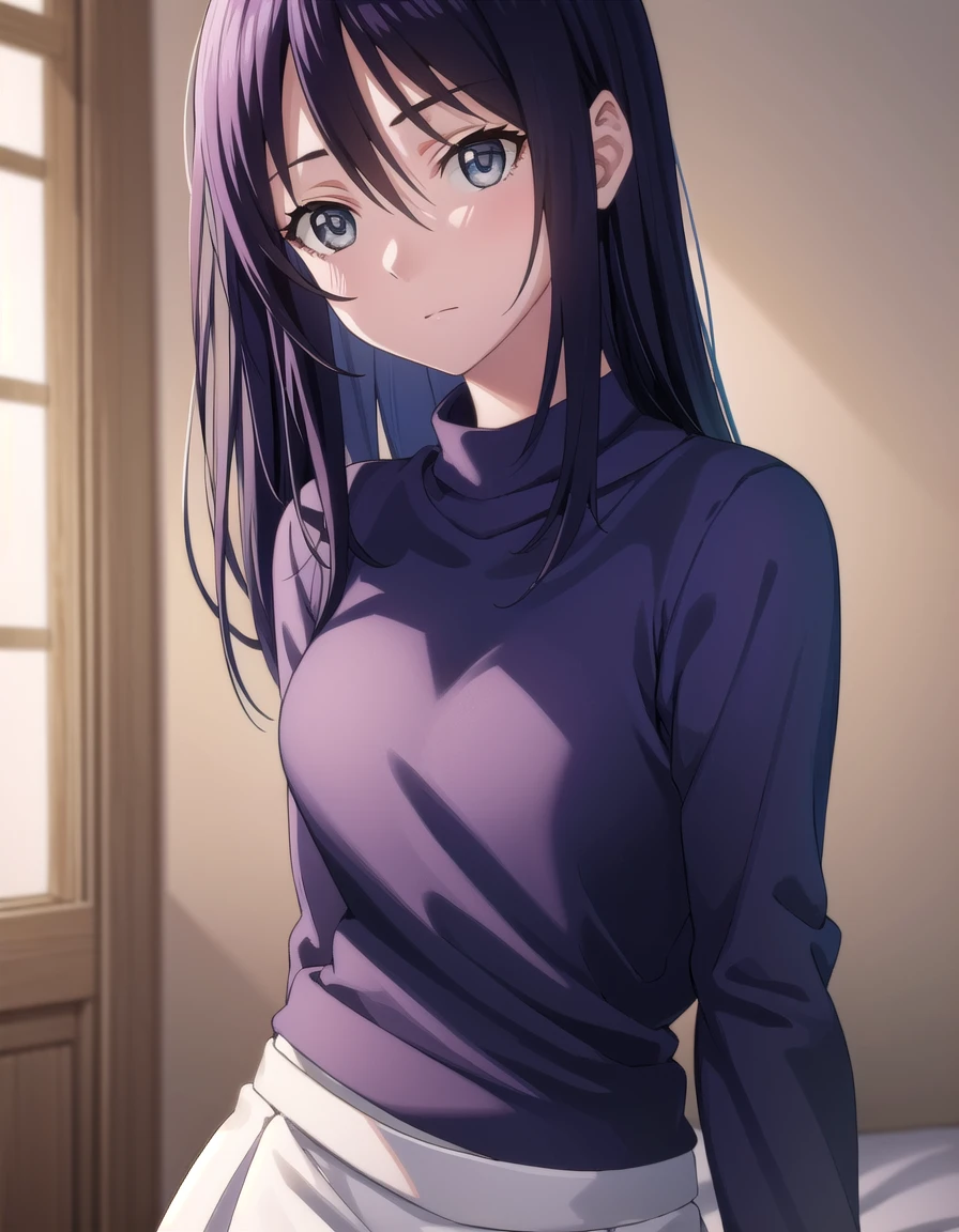 yurikotobiki, <lora:yuri kotobiki-lora-nochekaiser:1>,
yuri kotobiki, long hair, black hair, (grey eyes:1.3),
BREAK off shoulder, sweater, purple sweater, skirt, white skirt,
BREAK indoors, bed, bed room,
BREAK looking at viewer, (cowboy shot:1.5),
BREAK <lyco:GoodHands-beta2:1>, (masterpiece:1.2), best quality, high resolution, unity 8k wallpaper, (illustration:0.8), (beautiful detailed eyes:1.6), extremely detailed face, perfect lighting, extremely detailed CG, (perfect hands, perfect anatomy),