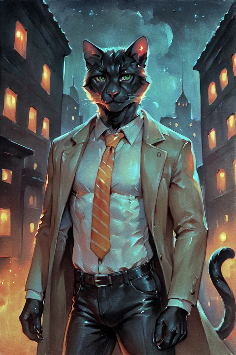 score_9, score_8_up, score_7_up, rating_safe, source_furry, traditional media, realistic, anthro, furry, black cat, cat, black fur, green eyes, white collared shirt, long sleeves, striped necktie, orange necktie, beige coat, black pants, muscular, 1boy, solo, male focus, mature male, looking at viewer, cowboy shot, standing, outdoors, city, building, night, night sky, dark background <lora:Green Patina Style LoRA_Pony XL v6 ALT:0.7>