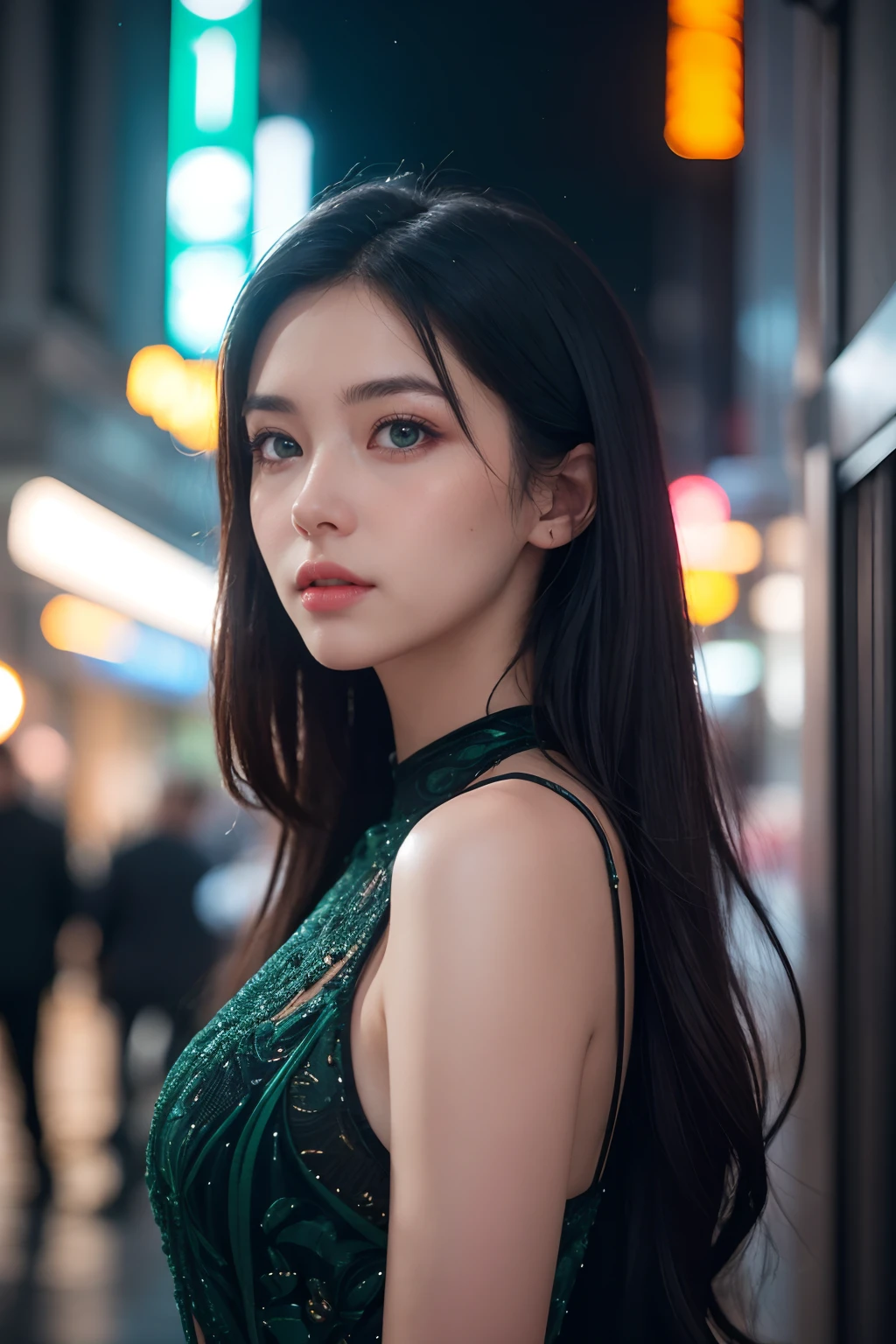 (extremely intricate:1.3), (realistic), photo of a girl in a bustling metropolis, weaving through crowded streets and dark alleyways, close up, Detailed clothes, green eyes, flowing hair, determined expression, shiny glossy skin, subsurface scattering, (sharp:0.7), amazing fine detail, Nikon D850 film stock photograph Kodak Portra 400 camera f1.6 lens, rich colors, lifelike texture, dramatic lighting, urban environment, skyscrapers, neon signs, dynamic composition, unreal engine, trending on ArtStation, cinestill 800 tungsten, volumetrics dtx, (film grain, blurry background, blurry foreground, bokeh, depth of field, motion blur:1.3),<lora:GoodHands-beta2:1>