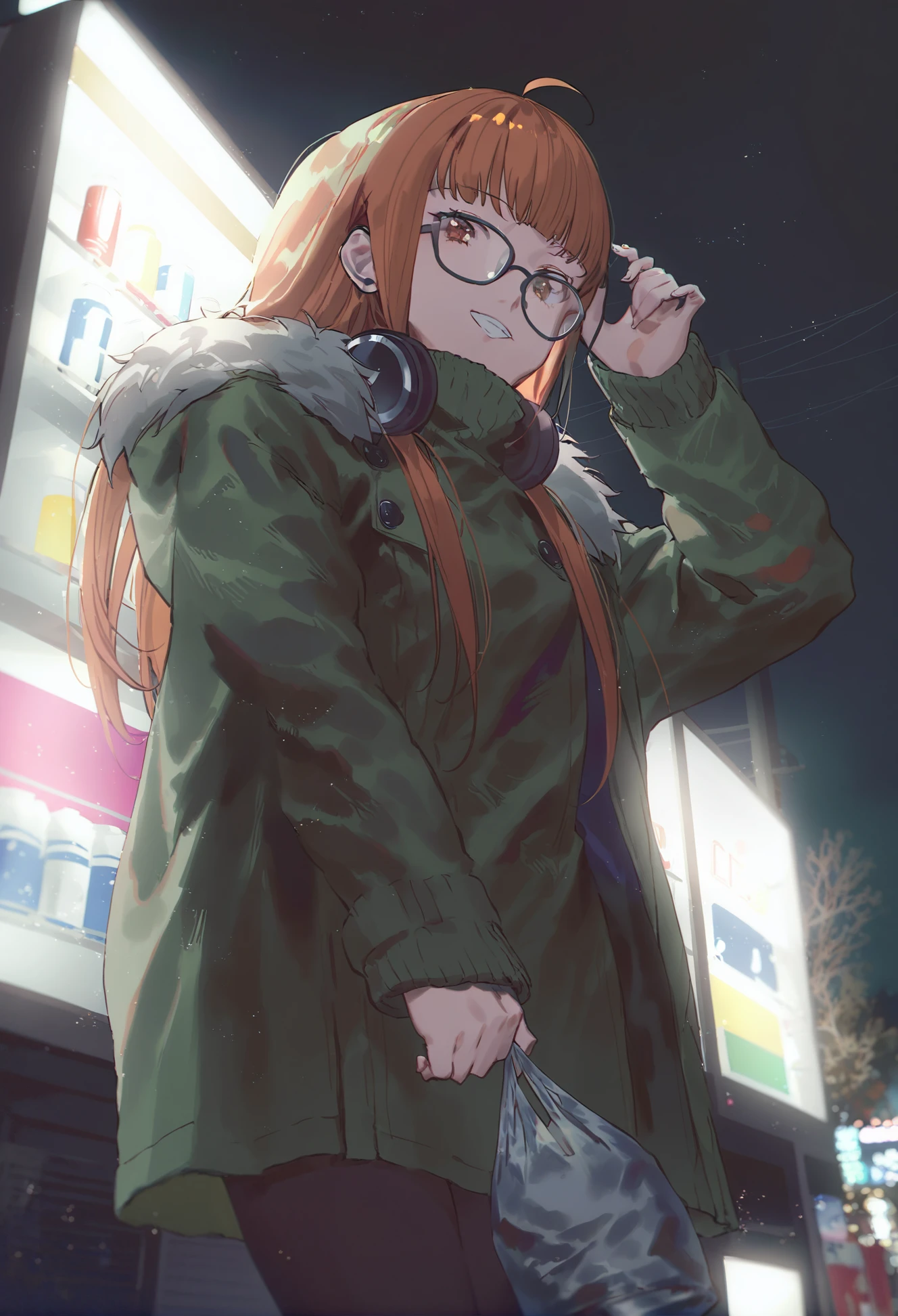 masterpiece, best quality,sakura futaba, 1girl, can, long hair, solo, glasses, night, headphones, smile , orange hair, fur trim, jacket, bangs, green jacket, grin, outdoors, long sleeves, plastic bag, bag, looking at viewer, fur-trimmed jacket, behind-the-head headphones , blunt bangs, black-framed eyewear, brown eyes, night sky, ahoge, vending machine, sky, shopping bag, headphones around neck, green coat, standing, coat, turtleneck, pantyhose, soda can, teeth , <lora:fajyoboreXLlokr8f-000186:0.95>