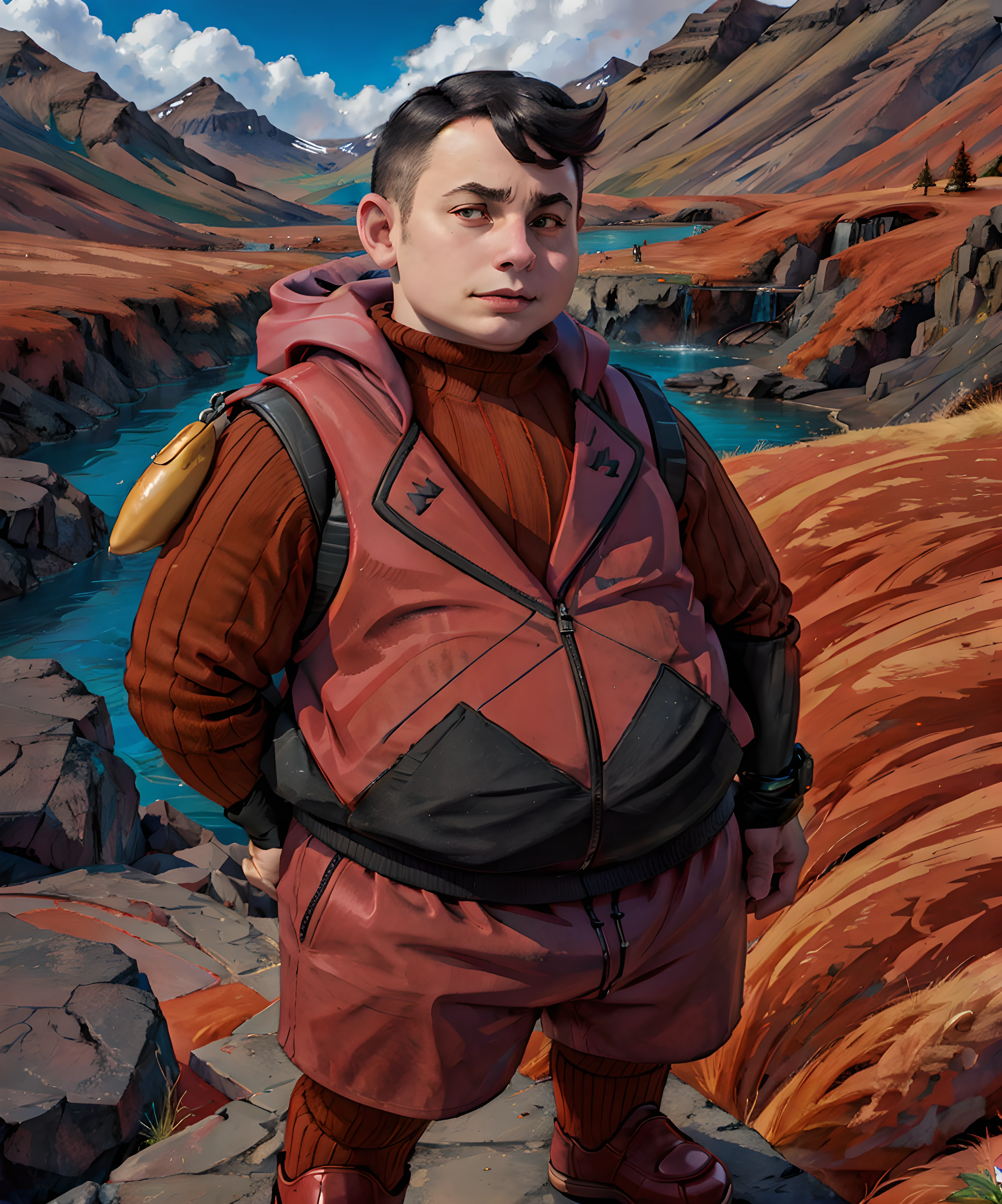 1boy, magma_admin_tabitha, looking at viewer, standing, sweater, black short hair, chubby, iceland background, backpack <lora:Tabitha-15(1):0.8>