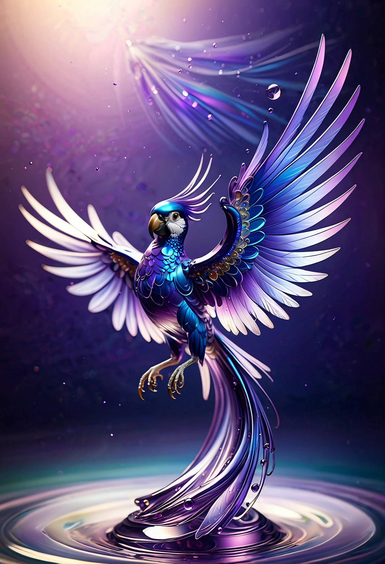 spiral droplet, glass sculpture, purple and white parrot, iridescent wings, flying, sparkle, shiny, graceful, ethereal, (masterpiece, high detail, best quality), realistic, concept art