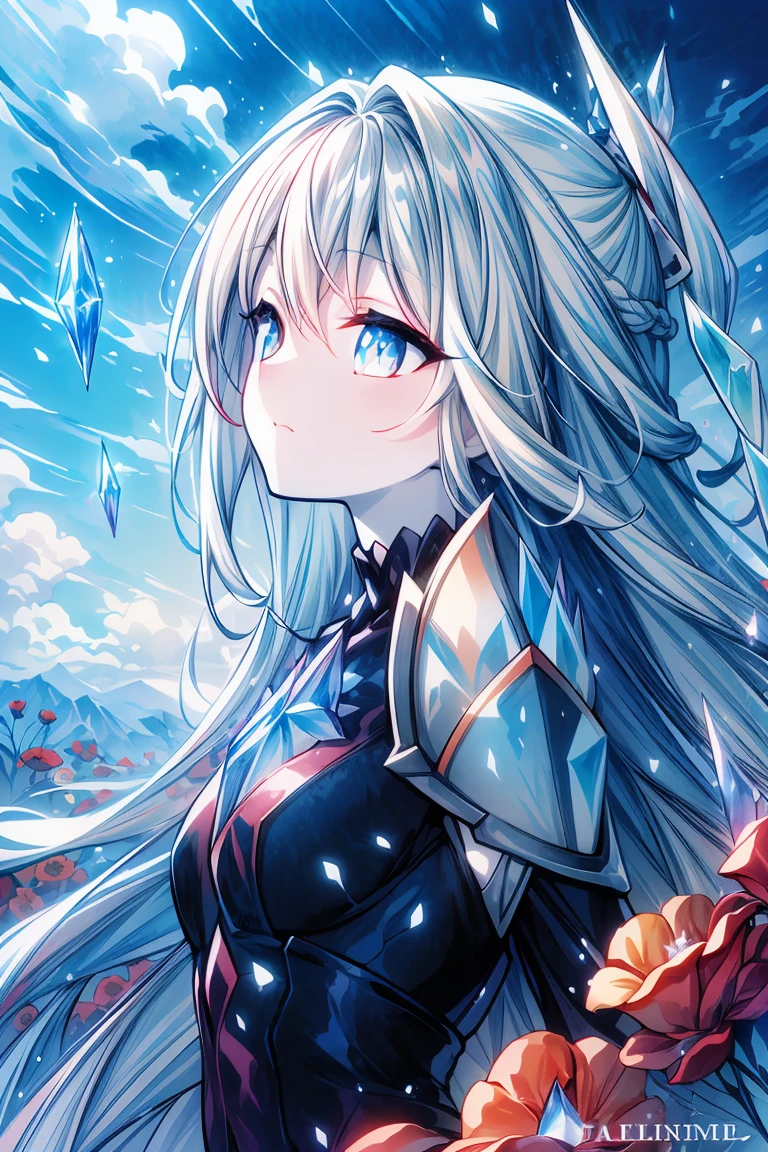 (white and crystal theme:1.3),best quality,Epic,highly detail,Illustration,Cover,enigmatic figure,draped in translucent fabric,crystals adorning hair,dreamlike swirl,pastel hues,soft light,evoking calm serenity and elusive beauty,Non-representational,colors and shapes,expression of feelings,imaginative,highly detailed, long_hair,crystal_eyes,crystal_hair,upper_body,from_side,dominatrix,pale skin,shiny skin,model,cupid mouth,(((gorgeous crystal armor))),(((crystal wings))),((altocumulus)),(clear_sky),(snow mountain),((flowery flowers)),(flowery bubbles),cloud map plane, crystal, crystal poppies,Brilliant light, thick_coating, glass tint,(watercolor),