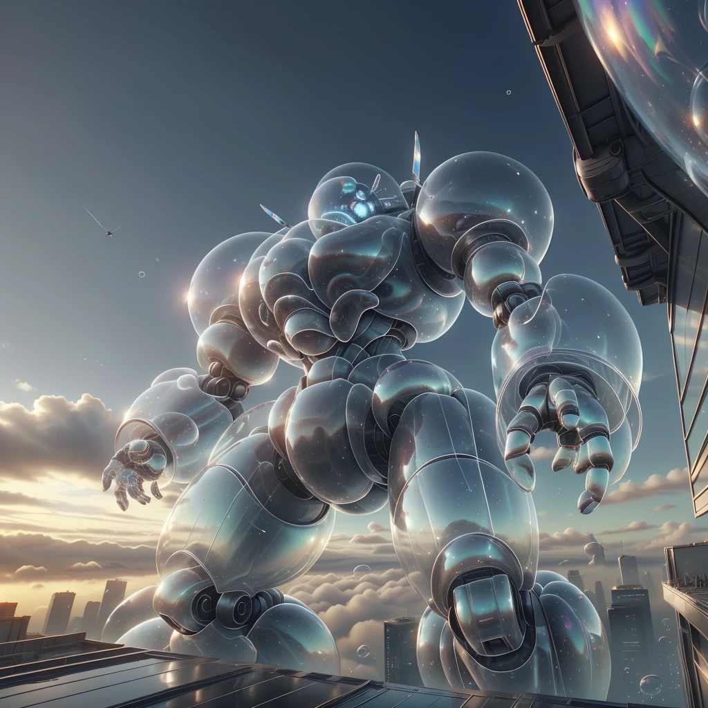 <lora:BubblyTech:0.8>,bubblytech ,scifi, transparent, iridescent , see-through, inflated, 
third person view, at rooftop, looking at huge colossal battle mech , destruction,