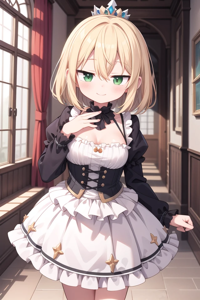 insanely detailed, absurdres, ultra-highres, ultra-detailed, best quality,
1girl, solo, nice hands, perfect hands,
BREAK
princess, princess dress with many frills, teara on hair,
happy smile, laugh, closed mouth,
standing, cute pose,
45 angle, cowboy shot,
BREAK
slender, kawaii, perfect symmetrical face, ultra cute girl, ultra cute face, ultra detailed eyes, ultra detailed hair, ultra cute, ultra beautiful,
BREAK
(fantasy world, in castle), depth of field,
medium large breasts,
BREAK
blonde hair, medium hair, messy hair, green eyes, hair between eyes