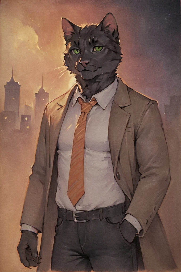 score_9, score_8_up, score_7_up, rating_safe, source_furry, traditional media, realistic, anthro, furry, black cat, cat, black fur, green eyes, white collared shirt, long sleeves, striped necktie, orange necktie, beige coat, black pants, muscular, 1boy, solo, male focus, mature male, looking at viewer, cowboy shot, standing, outdoors, city, building, night, night sky, dark background <lora:OIS Red Lion Style LoRA_Pony XL v6 ALT:0.7>