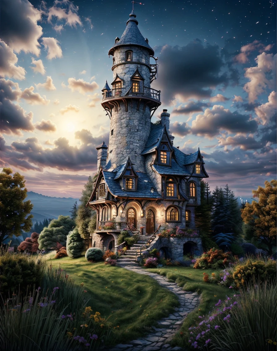 (masterpiece:1.2), (best quality,:1.2), 8k, HDR, ultra detailed, ((photorealistic)), professional light, cinematic lighting, fashion photography, ambient lighting, atmospheric effects,  <lora:detail_slider_v4:1>, witow, blue sky, blurry, cloud, flag, grass, house, moon, no humans, scenery, sky, stairs, tower, tree, <lora:Wizard_Tower:1>, epiCPhoto