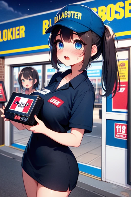 (((masterpiece, best quality, very aesthetic, absurdres))), (((2girls))), (((blockbuster))), (((red "R18" word logo))), ((clerk holding a video rental store goods)),blue cap, blue polo shirt, khaki pants, look at each other, (((storefront))), (((glass door))), (((night))), parted lips, guest in short dress, solo, 1girl, ribbon, sweat, shy, blush, open mouth, moist skin, pretty face, big tits, slim figure, <lora:girllikeblockbuster:1>