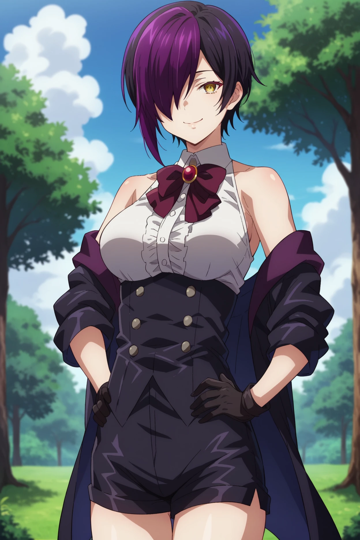 score_9,score_8_up,score_7_up,score_6_up,score_5_up,score_4_up BREAK  nihilo,source_anime, 1girl, solo, hair over one eye, yellow eyes, short hair, black hair, white collared shirt, purple hair, looking at viewer, bare shoulders, sleeveless, wine bowtie, standing, black short shorts, tree, official style, off shoulder, sky, closed mouth,smile,red eyelashes, center frills, streaked hair, black gloves, outdoors, day, black open coat, medium breasts, cloud, red brooch, blurry, cowboy shot, one eye covered, underbust, blue sky, cloudy sky black corset,silver buttons,grey buttons,hands on own hips,nature, (from side:0.8)     <lora:NihiloPony:1>