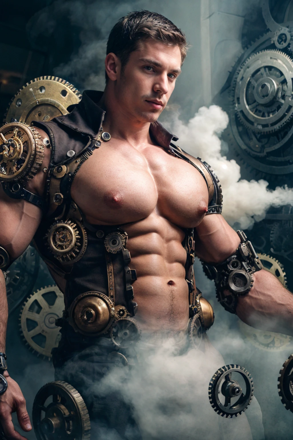 There is a man with steam - powered gear on his chest - SeaArt AI
