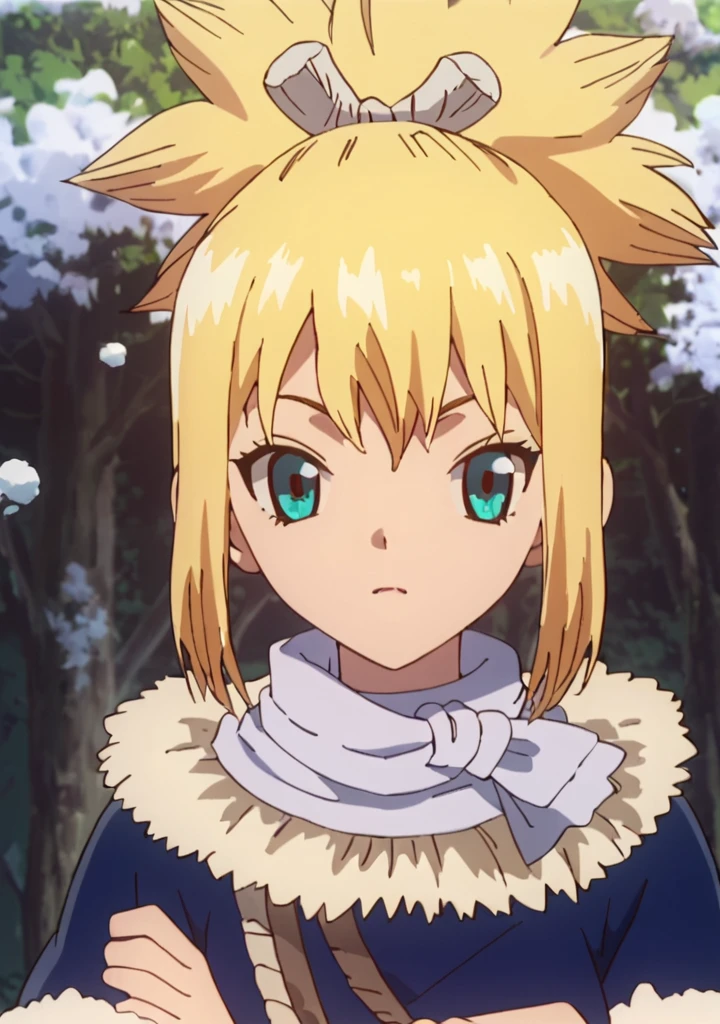 score_8_up, score_7_up, anime screenshot, upper body, 
<lora:Kohaku (Autism Mix XL):0.8> 1girl, kohaku \(dr. stone\), blonde hair, ponytail, choker, green blue eyes, winter clothes,