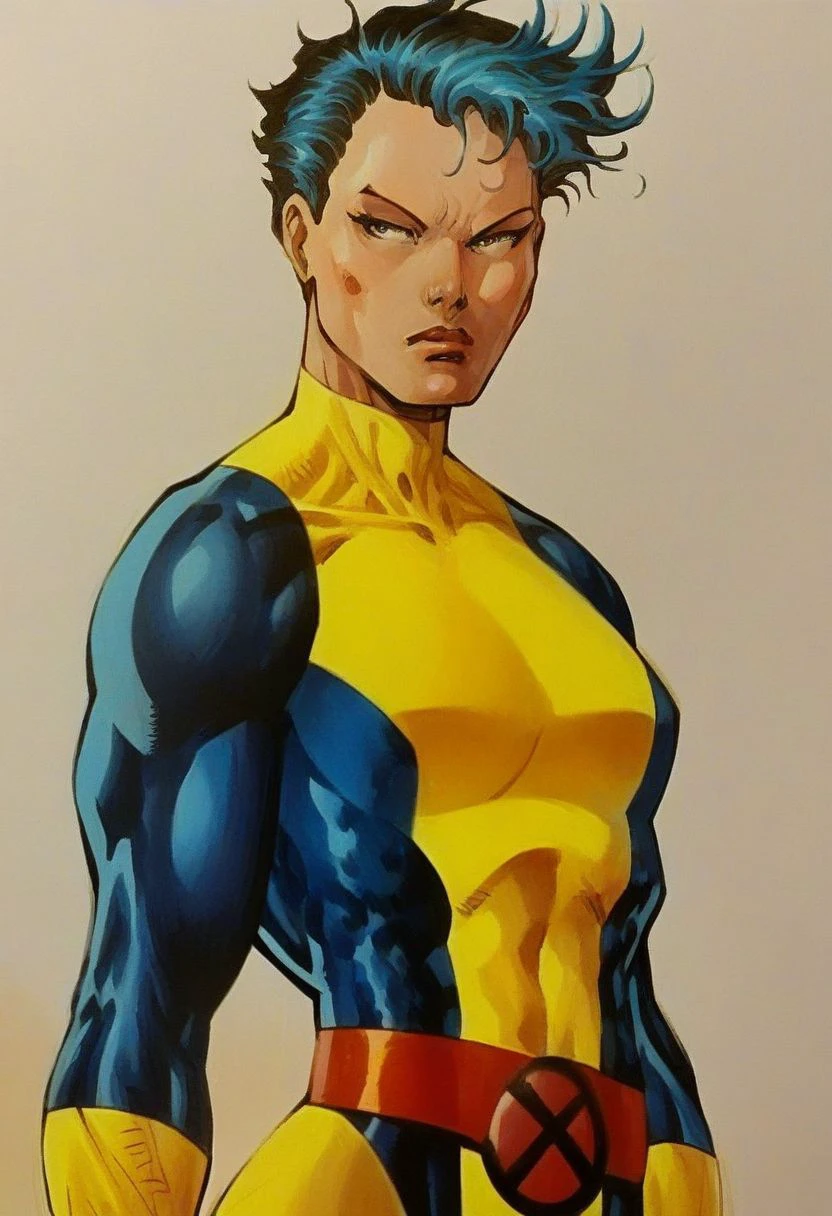 score_9, score_8, xmblzxl, in j_lee artstyle, 1girl, upper body, solo, superhero, black hair with blue highlights, bodysuit, belt, two tone bodysuit, yellow bodysuit, blue bodysuit, traditional media, hatching (texture), comic book art
