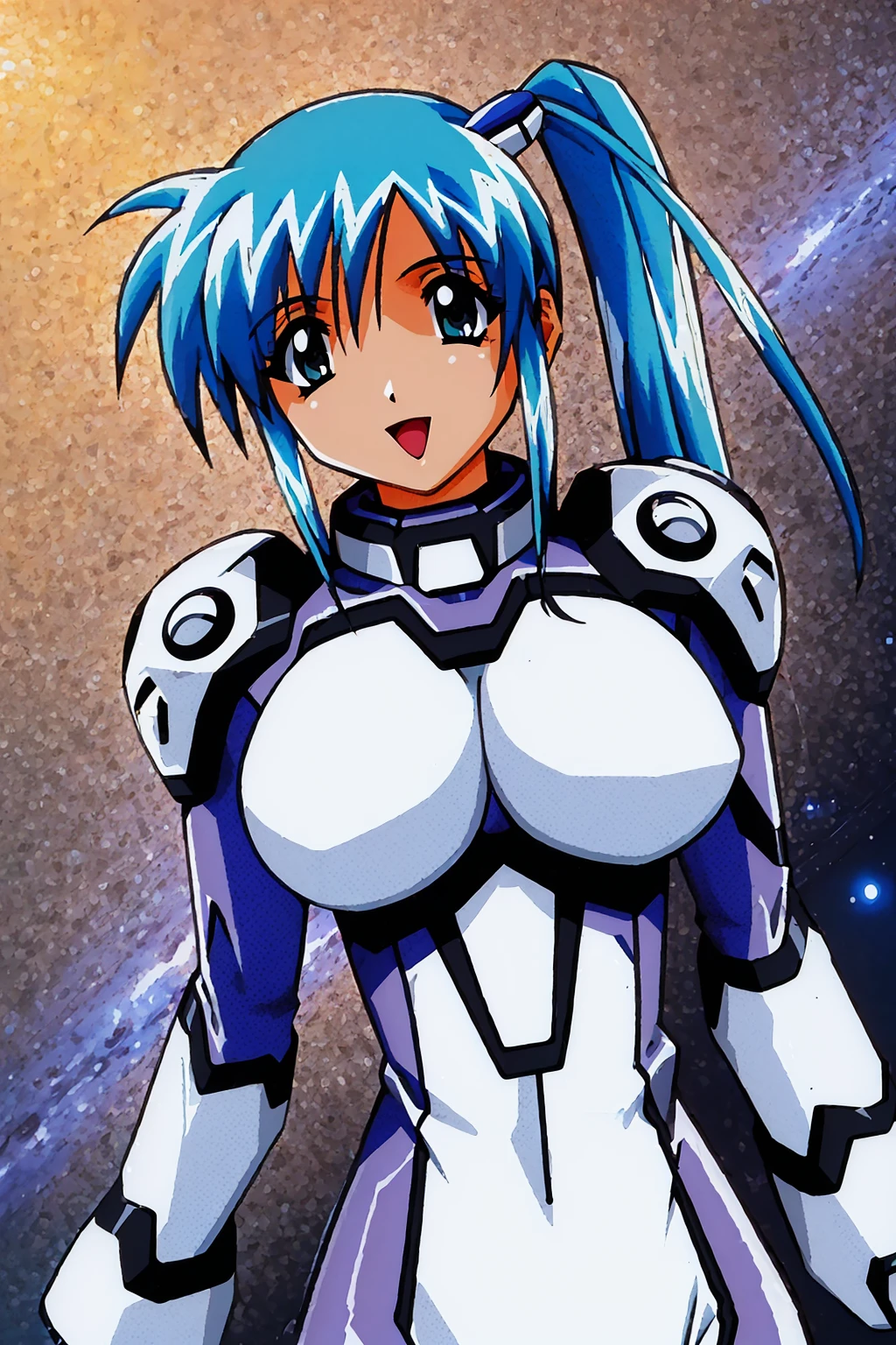 (masterpiece, best quality:1.2), 4k, solo, 1girl, misaki_suit, pilot suit, white bodysuit, purple bodysuit, skin tight, covered navel, gloves, aqua hair, blue eyes, side ponytail, bangs, hair ornament, large breasts, smile, open mouth, looking at viewer, space landscape, diver_misaki, <lora:kurehamisaki_3-000008:0.9>