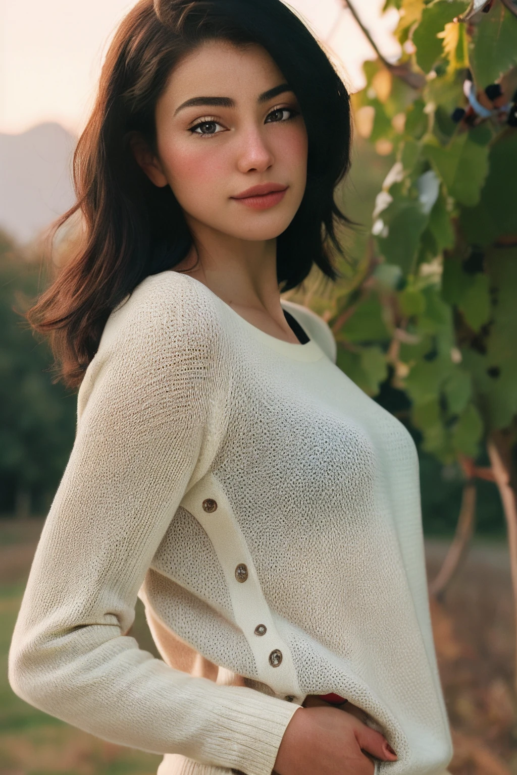 <lora:Jinx_Asmr_Lora:0.85>, full color close up portrait photo of a jinxasmr wearing a sweater, black hair, ((hands behind back)), by Imogen Cunningham, natural lighting, In a serene, picturesque vineyard at sunset, 
((metart)), epiCRealism, epiCPhoto