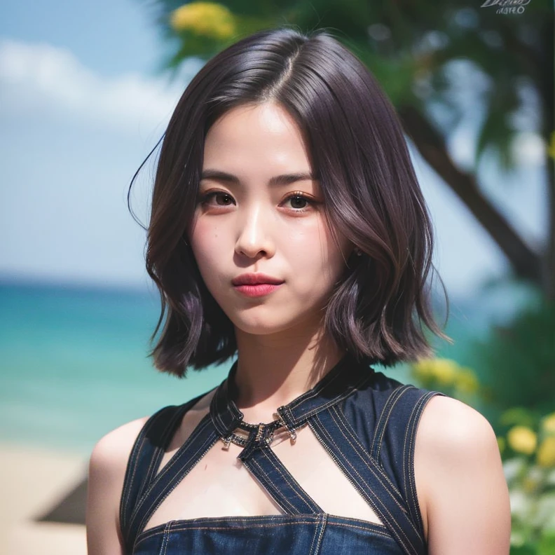 Nikon RAW photo,8k,Fujifilm XT3,masterpiece, best quality, realistic, photorealistic,ultra detailed,1girl,solo,standing, (liquid paint purple hair:1.1), beautiful blue sky, gorgeous expression, woman,medium breast, wearing tanktop, in a beach ryujin, alone, ((looking at viewer)), close up, beautiful face, <lora:sayhello0o-v1-itzyryujin:0.9>