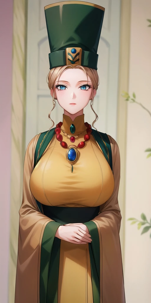 <lora:Rune_VenusV7:0.7> Rune_Venus, huge_breasts, standing, solo, Yellow_turtleneck_robe_Green_sleeveless_coat_Green_hat_Neck_jewel_Bead_necklace_pendant_Wide_sleeves, masterpiece, best_quality, detailed_face, detailed_eyes, highres, beautiful, detailed, absurdres,