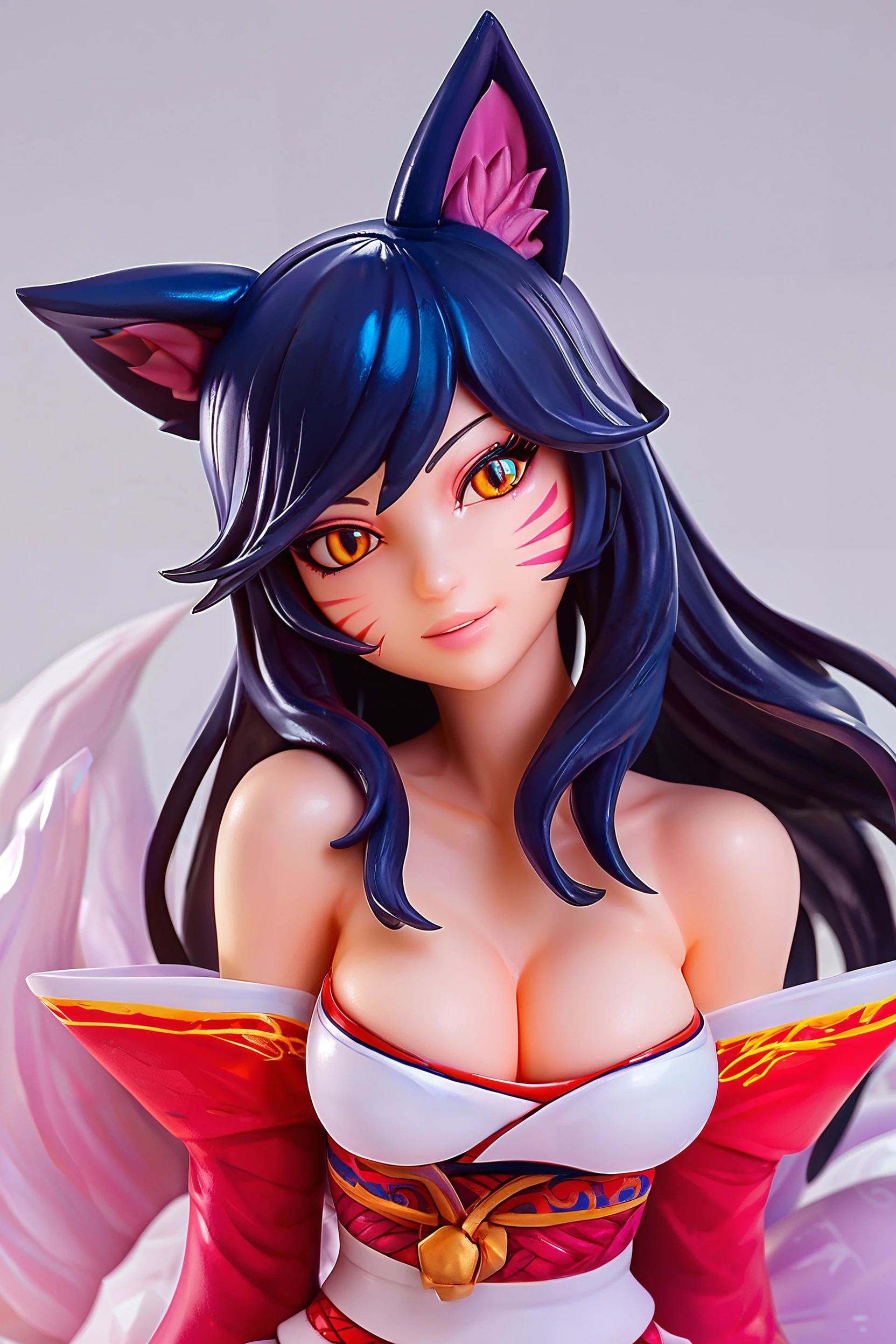 score_9, score_8_up, score_8, medium breasts, cute, eyelashes, figure, ahri (league_of_legends), black hair, facial mark, multiple tails, fox tails, korean clothes, cleavage, bare shoulders, detached sleeves, looking at viewer, upper body, head tilt, <lora:Anime_Figure_P1:1>,