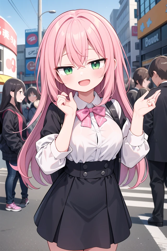 insanely detailed, absurdres, ultra-highres, ultra-detailed, best quality,
1girl, solo, nice hands, perfect hands,
BREAK,
(wearing winter school uniform),
happy smile, laugh, open mouth,
cute pose, cowboy shot,
BREAK,
slender, kawaii, perfect symmetrical face, ultra cute girl, ultra cute face, ultra detailed eyes, ultra detailed hair, ultra cute, ultra beautiful,
by Canon EOS, SIGMA Art Lens 35mm F1.4, ISO 200 Shutter Speed 2000,
in harajuku, shibuya, tokyo, street, crowd, cityscape,
medium breasts, ,
BREAK,
(pink medium hair, dark green eyes), hair between eyes