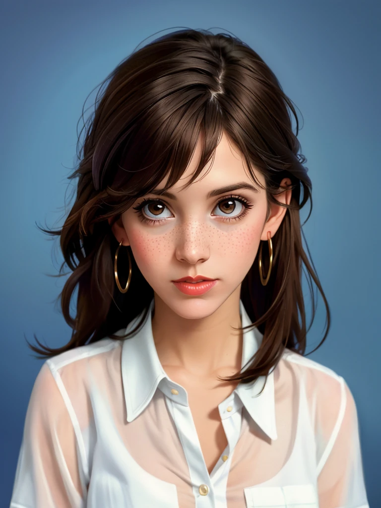 A beautiful c4rr13f,1girl, solo, long hair, looking at viewer, simple background, brown hair, shirt, brown eyes, jewelry, earrings, mole, lips, blue background, blue shirt, portrait, freckles, realistic
,soft lighting, professional Photography, Photorealistic, detailed, RAW, analog, sharp focus, 8k, HD, high quality, masterpiece<lora:c4rr13f:1.0>