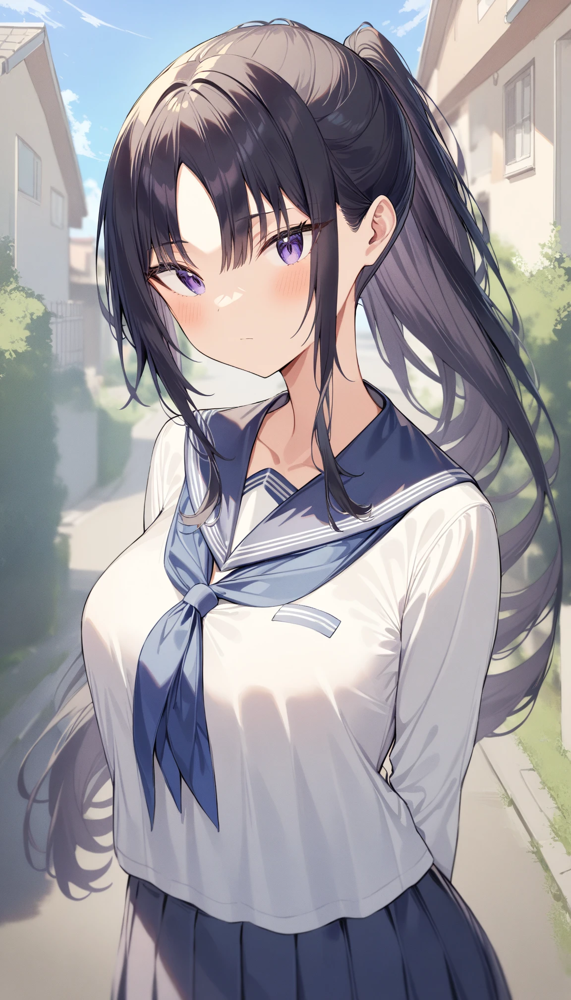 1girl,masterpiece, best quality, very aesthetic, absurdres,outdoors,suburbs,ponytail,black hair, long hair,medium breasts,standing,solo,parted_bangs,pleated_skirt,upper body,blue_sailor_collar,expressionless<lora:Hiiragi_Yuichi_style:1>