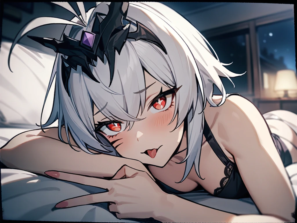 polaroid,photo,masterpiece,best quality,bedroom,bed,night,
<lora:spfaniya_xl:0.6>,spfaniya,1girl,solo,white hair,red eyes,facial mark,antenna hair,symbol-shaped pupils,+ +,bangs,hair between eyes,tattoo,v,(no_headwear),babydoll,lie down,ahegao,face_focus,