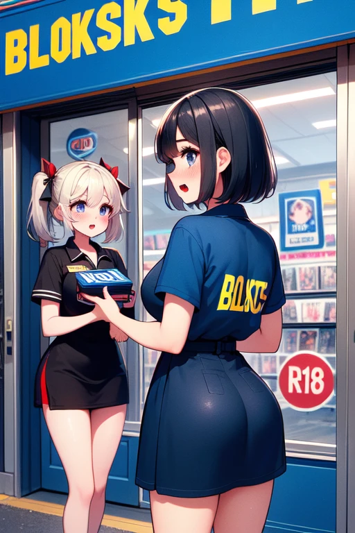 (((masterpiece, best quality, very aesthetic, absurdres))), (((2girls))), (((blockbuster))), (((red "R18" word logo))), ((clerk holding a video rental store goods)),blue cap, blue polo shirt, khaki pants, look at each other, (((storefront))), (((glass door))), (((night))), parted lips, guest in short dress, solo, 1girl, ribbon, sweat, shy, blush, open mouth, moist skin, pretty face, big tits, slim figure, <lora:girllikeblockbuster:1>