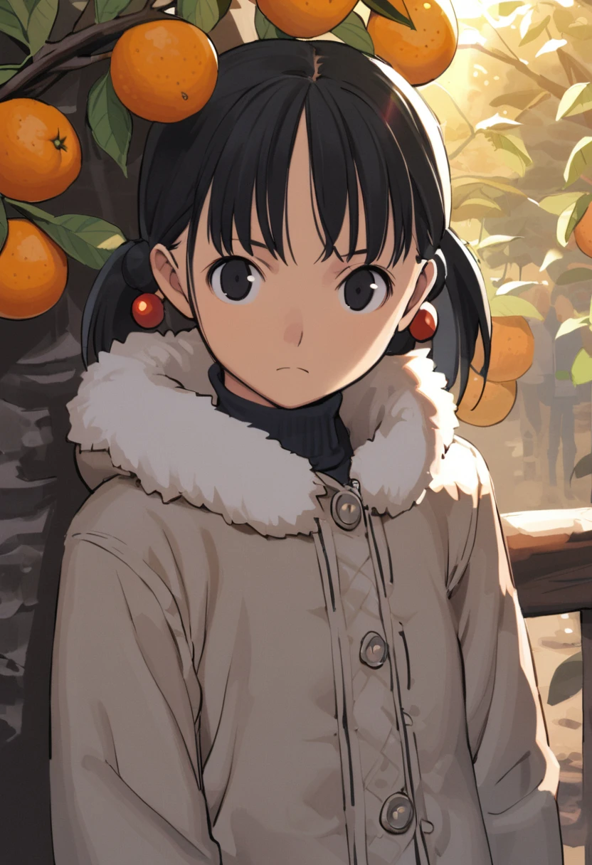 <lora:comiclo_a31:1>,1girl, solo, black hair, fruit, black eyes, tree, food, coat, hair ornament, orange (fruit), looking at viewer, upper body, short hair, closed mouth, bangs, fur trim, outdoors, hair bobbles, jacket, hood down, day, leaf, zipper, mandarin orange, winter clothes, frown, twintails, branch, turtleneck, long sleeves, sunlight, expressionless