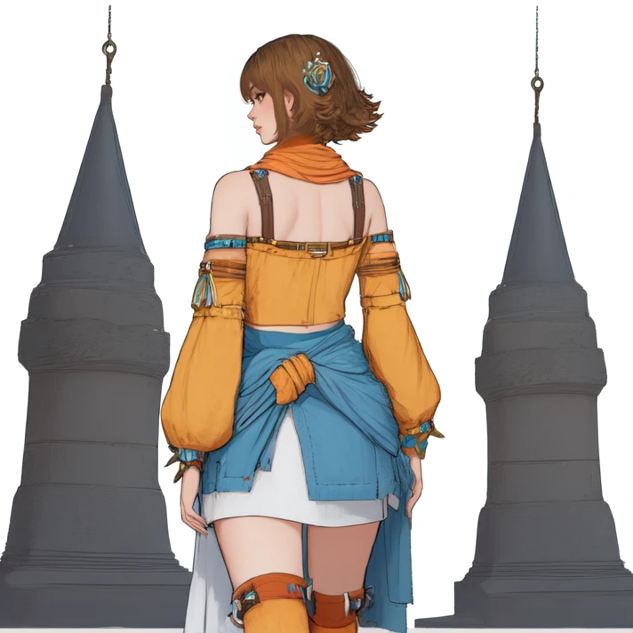 <lora:kisalaRogueGalaxy:0.8> kisala, brown hair, midriff, navel, short hair, spiky hair, brown hair, brown eyes, thin eyebrows, yellow top, crop top, detached sleeves, leather straps, yellow collar, short skirt, light blue skirt, skirt slits, scarf around hips, scarf around waist, waist cloth, asymmetrical legwear, light brown socks, ankle boots, brown shoes, hair decorations, silver ornaments, jewelry, from behind, looking back, solo, absurdres, [perfect shadows and lighting], detailed background, incredible high-key lighting, masterpiece, high quality, detailed, extremely detailed, ambient soft lighting, 4K