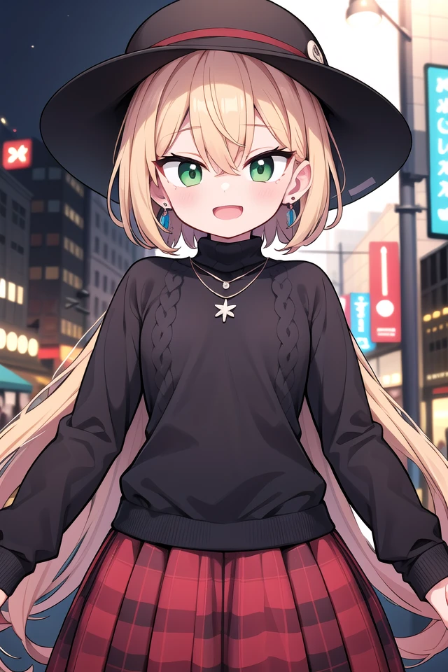insanely detailed, absurdres, ultra-highres, ultra-detailed, best quality,
1girl, solo, nice hands, perfect hands
BREAK
(black theme:1.4), (fit body:1.3), (tight long sleeve and turtleneck (black sweater):1.4), (black heeled boots with lace-up:1.1),
BREAK
(black and red theme:1.3), ((red) high-waisted ((maxi length skirt, very long A line skirt):1.2) with [plaid pattern]:1.4), ((black) bucket hat with wide brim:1.4),
BREAK
((earrings, necklace):1.2),
(naked skin:-1), (mini skirt:-1), (legs:-1), (straw hat:-1), (red hat:-1), (green hat:-1), (white sweater:-1), (slit:-1), (belt:-1), (multiple necklaces:-1), (navel:-1), (waist:-1), (cleavage:-1.5)
BREAK
happy smile, laugh, open mouth
BREAK
(45 angle:-1.5), (from side:-1.5),
standing, cowboy shot, looking at viewer
BREAK
slender, kawaii, perfect symmetrical face, ultra cute girl, ultra cute face, ultra detailed eyes, ultra detailed hair, ultra cute, ultra beautiful
BREAK
in street, cityscape in tokyo, depth of field, ultra detailed background
BREAK
medium large breasts
BREAK
(orange hair, green eyes), short hair, hair between eyes