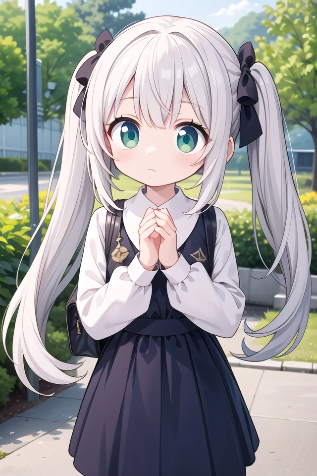 insanely detailed, absurdres, ultra-highres, ultra-detailed, best quality,
1girl, solo, nice hands, perfect hands,
BREAK,
wearing summer school uniform,
expressionless, closed mouth,
standing,
45 angle, cowboy shot, looking at viewer,
BREAK,
(tsurime:1.4),slender, kawaii, perfect symmetrical face, ultra cute girl, ultra cute face, ultra detailed eyes, ultra detailed hair, ultra cute, ultra beautiful,
by Canon EOS, SIGMA Art Lens 35mm F1.4, ISO 200 Shutter Speed 2000,
BREAK,
in a park,
silver hair, twintails, green eyes,