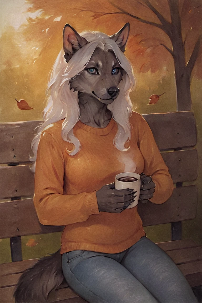 score_9, score_8_up, score_7_up, rating_safe, source_furry, traditional media, realistic, anthro, furry, werewolf, grey fur, long hair, white hair, blue eyes, orange sweater, long sleeves, blue jeans, holding cup, coffee cup, disposable cup, 1girl, solo, looking at viewer, cowboy shot, sitting, on bench, bench, outdoors, forest, autumn, falling leaves <lora:OIS Red Lion Style LoRA_Pony XL v6 ALT:0.7>