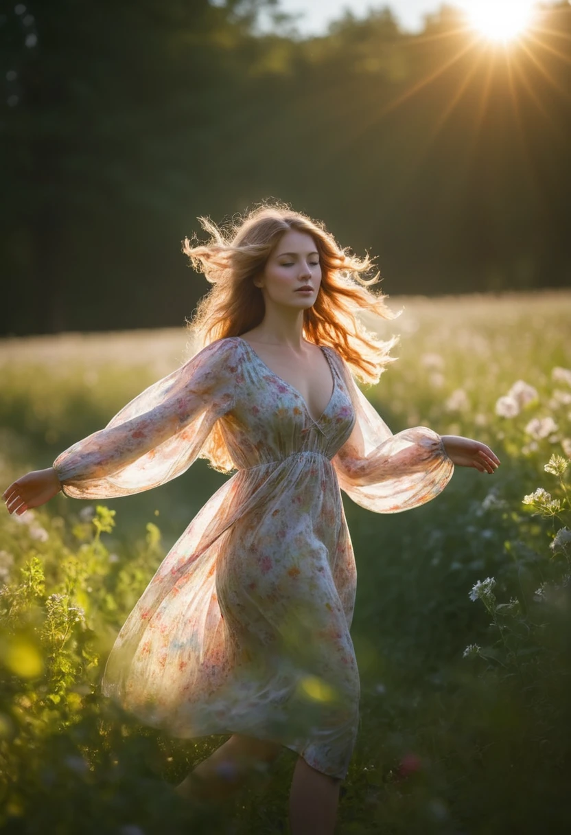 b4ckl1t, a woman standing in a field of flowers with her hair blowing in the wind and sun shining through the leaves, Claire Hummel, beautifully backlit, an impressionist painting, art photography, bokeh, lens flare, slow stutter, solar halo, alluring body revealed through translucent backlit peasant dress, flowing fabric, teasing glimpse of breasts silhouette <lora:Backlit_Clothes_XL:1>