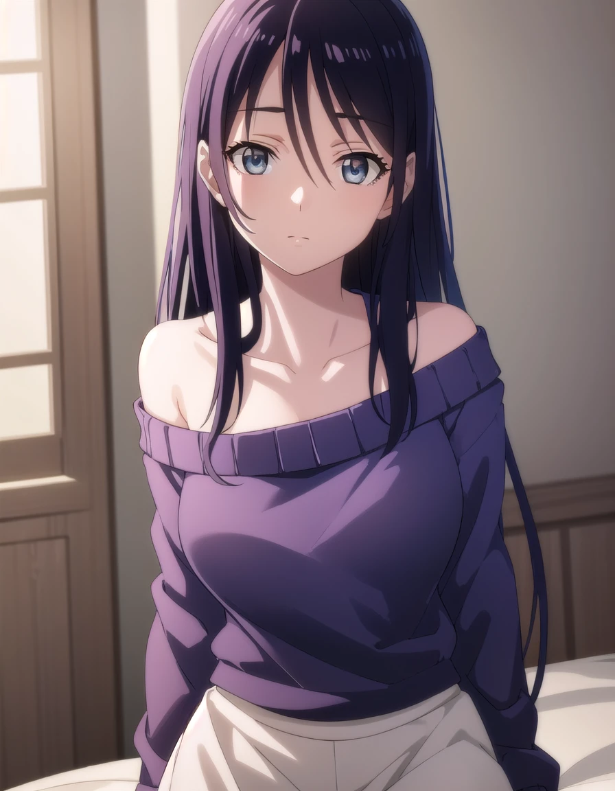 yurikotobiki, <lora:yuri kotobiki-lora-nochekaiser:1>,
yuri kotobiki, long hair, black hair, (grey eyes:1.3),
BREAK off shoulder, sweater, purple sweater, skirt, white skirt,
BREAK indoors, bed, bed room,
BREAK looking at viewer, (cowboy shot:1.5),
BREAK <lyco:GoodHands-beta2:1>, (masterpiece:1.2), best quality, high resolution, unity 8k wallpaper, (illustration:0.8), (beautiful detailed eyes:1.6), extremely detailed face, perfect lighting, extremely detailed CG, (perfect hands, perfect anatomy),