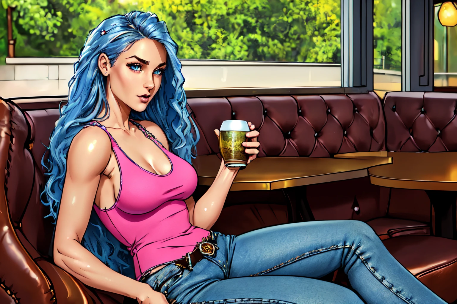 beautiful eyes, beautiful girl, high detail skin, high detail eyes, high detail hair, highres, ultra detailed, sharpen picture, Highly detailed, masterpiece, best quality, photorealistic,
 <lora:ElectriciaLoRA:0.9>1girl, blue straight long hair, dress, tank top, jeans, sitting in a cafe holding a cup of tea