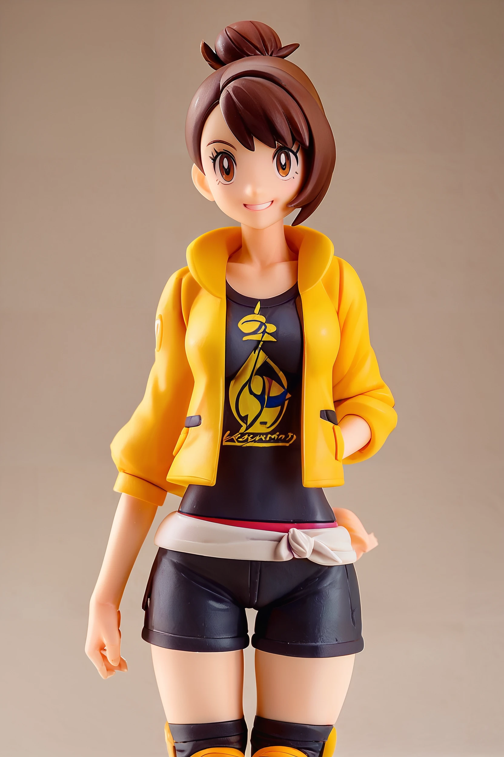 score_9, score_8_up, score_8, medium breasts, cute, eyelashes, figure, gloria (pokemon), gloriaDojo, yellow jacket, black shirt, black shorts, knee pads, short hair, single hair bun, collarbone, cowboy shot, smile, looking at viewer, <lora:Gloria_Pokemon_P1:0.8>, <lora:Anime_Figure_P1:1>,