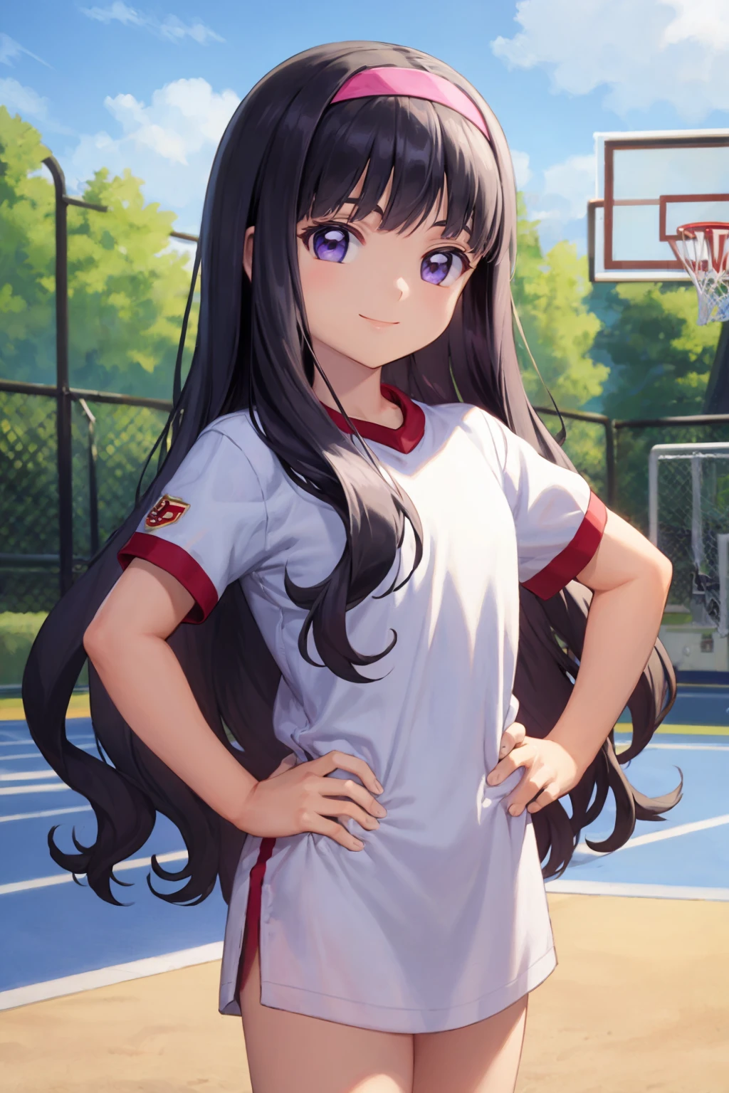 masterpiece, best quality,
1girl, daidouji tomoyo, black hair, long hair, blunt bangs, hairband, long hair, purple eyes,
gym uniform, white shirt, (buruma:1.3),
hands on hips, smile, standing, solo, looking at viewer, outdoors, park background  <lora:TomoyoDaidouji:0.8>