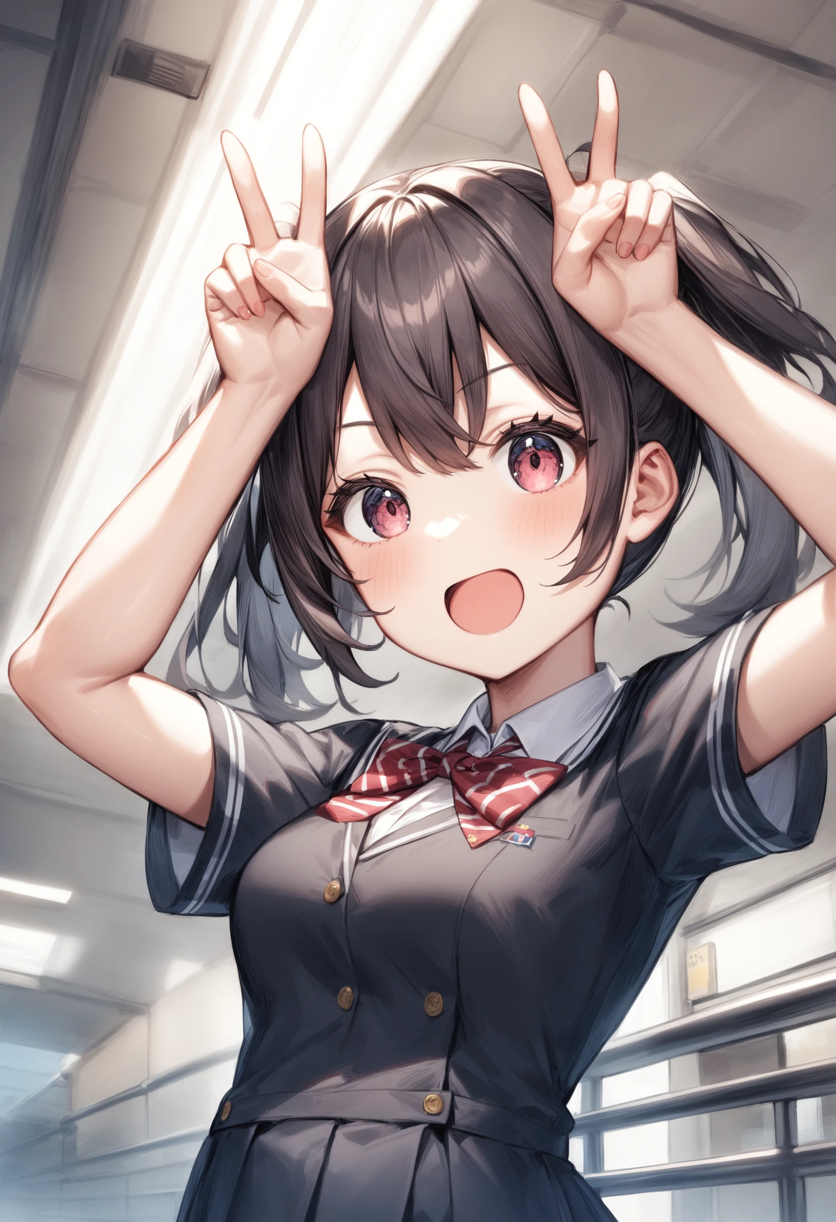 1girl, <lora:sdxl2-flat2-512b:-1>,medium breasts,school uniform,
<lora:usapiece_XL_v1:0.7>usa piece,double v, arms up,
ceiling, cowboy shot, looking to the side, fingersmile, on pedestrian bridge, open mouth,
best quality, very aesthetic, absurdres