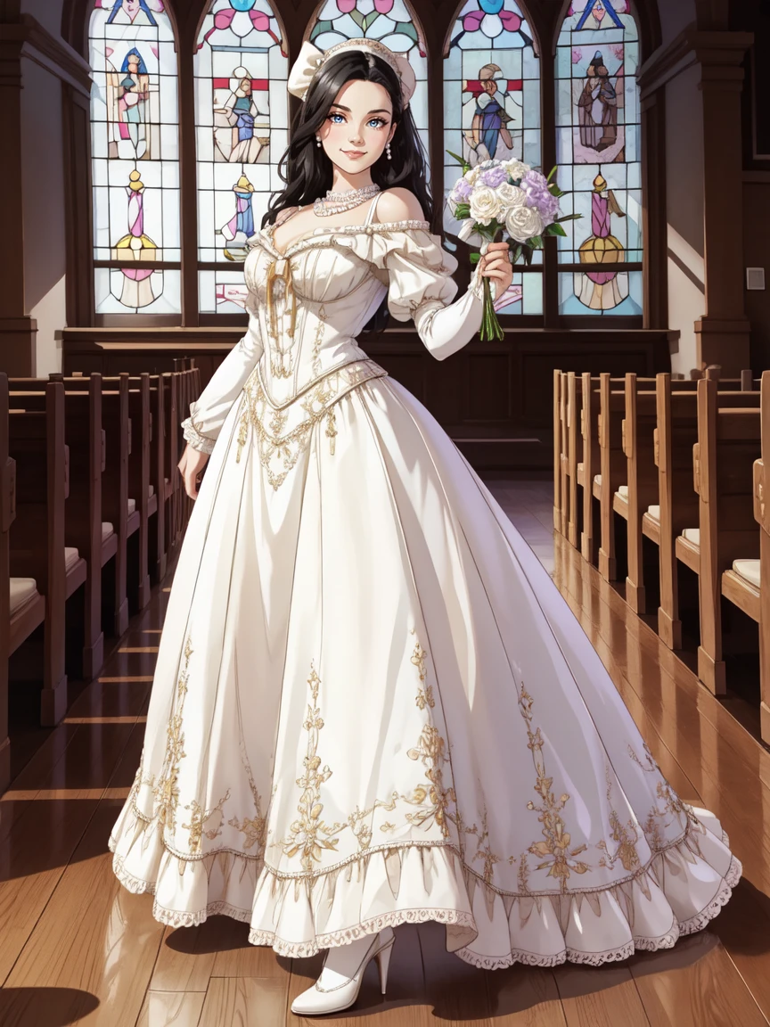 (black hair), adult female, smile, woman, HHUD, <lora:HUD3:0.7>, ((front view)), full body, holding bouquet, highres, 8k, eyeliner, eyeshadow, HUD_Wht_Gwn, off-shoulder, Edwardian era satin white dress, long dress, (puffy short sleeves), flower, fitted bodice, pearl necklace, white chest bow, lace appliques, high heels, <lora:HUD_Wht_Gwn:0.7>, church, stained glass window